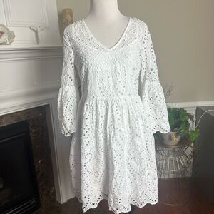 Express White Eyelet V-Neck Long Sleeve Babydoll Dress